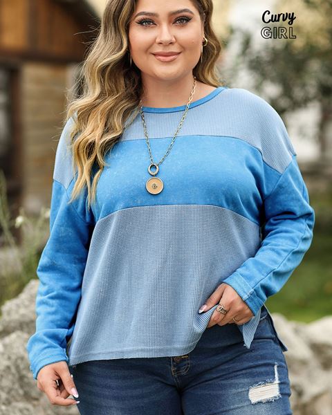 Picture of CURVY GIRL SKY BLUE KNIT PATCHWORK DROP SHOULDER TOP